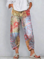 Women's Vintage Nationality Pattern Art Prints Casual Denim Cotton Pants