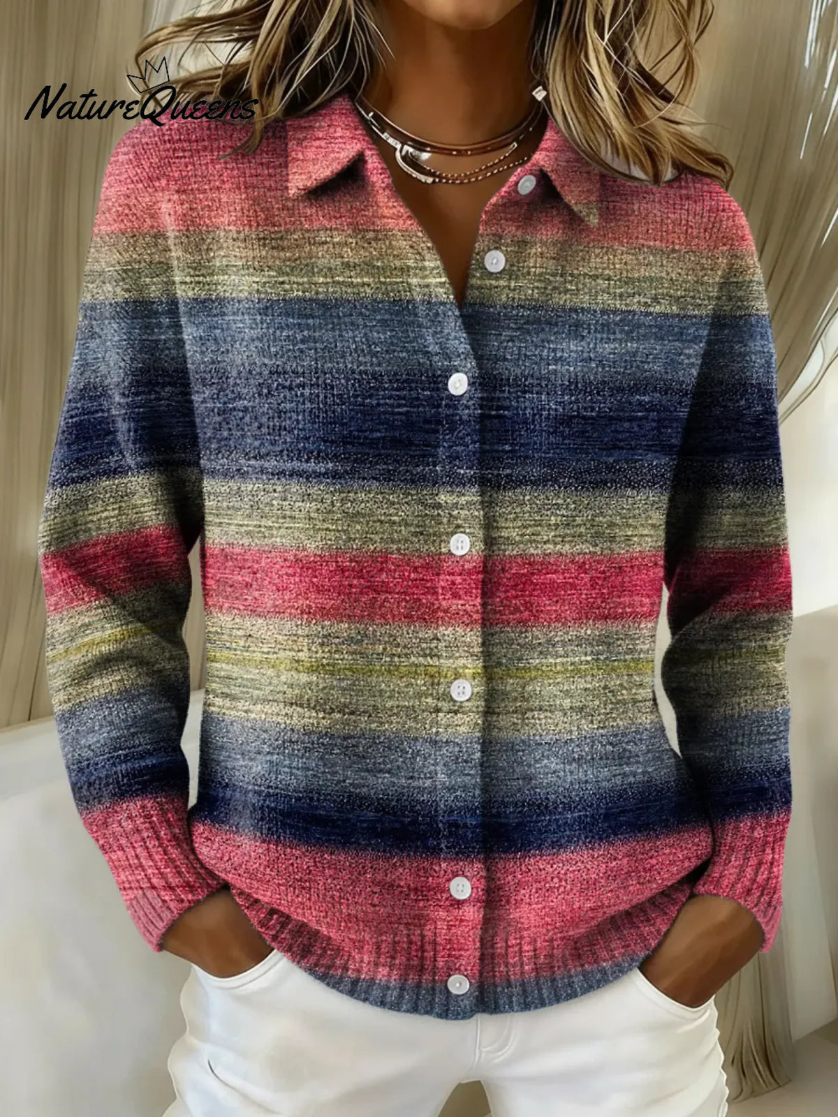 Women's Gradient Retro Horizontal Stripes Printed Collared Sweater