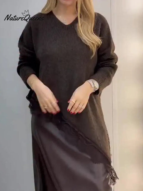 Women's Cozy Patchwork Lace Asymmetrical Hem Pullover Sweater