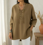 Casual Lace-up V-neck Denim Cotton Top