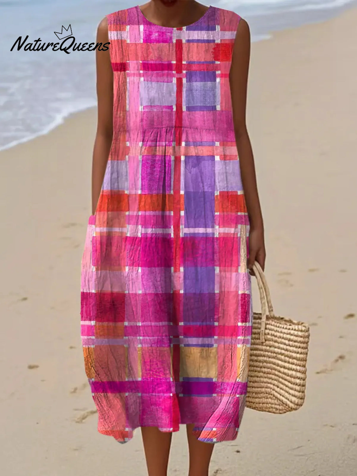 Women's Vintage Plaid Pattern Art Print Casual Cotton Denim Dress