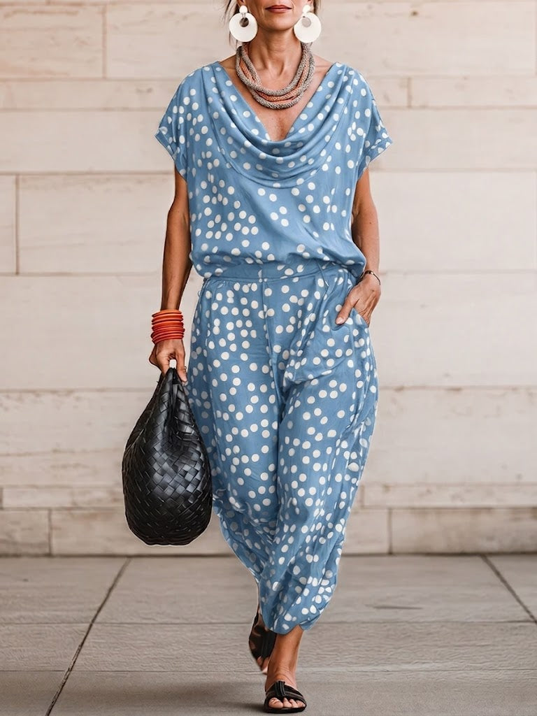 Casual & Cozy Polka-dot Cowl-neck Top And Pants Two-piece Set