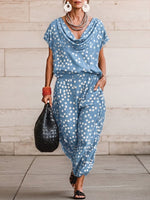 Casual & Cozy Polka-dot Cowl-neck Top And Pants Two-piece Set