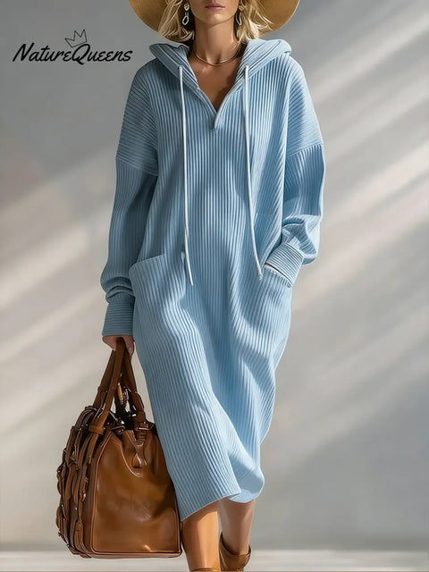 Women's Solid Color Long-sleeved Casual Loose Hooded Knit Dress