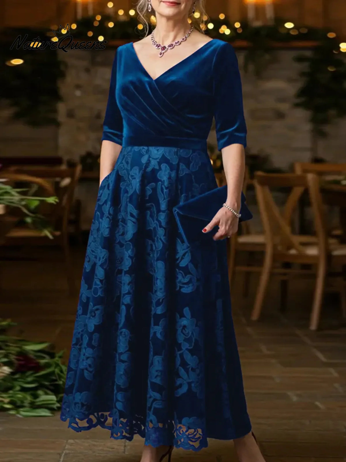 Women's Solid Color V-neck 3/4 Sleeve Casual Loose Velvet Embroidered Patchwork Dress