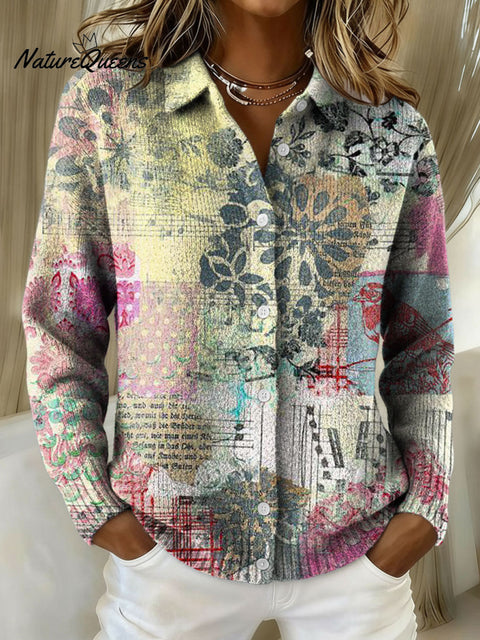 Women's Flowers Retro Splicing Gradient Pattern Print Cowl Neck Sweater