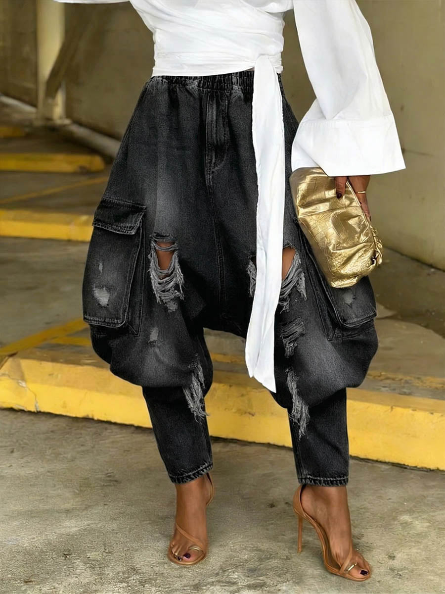 Women's Fashion Casual Elastic-waist Harem Wide-leg Jeans