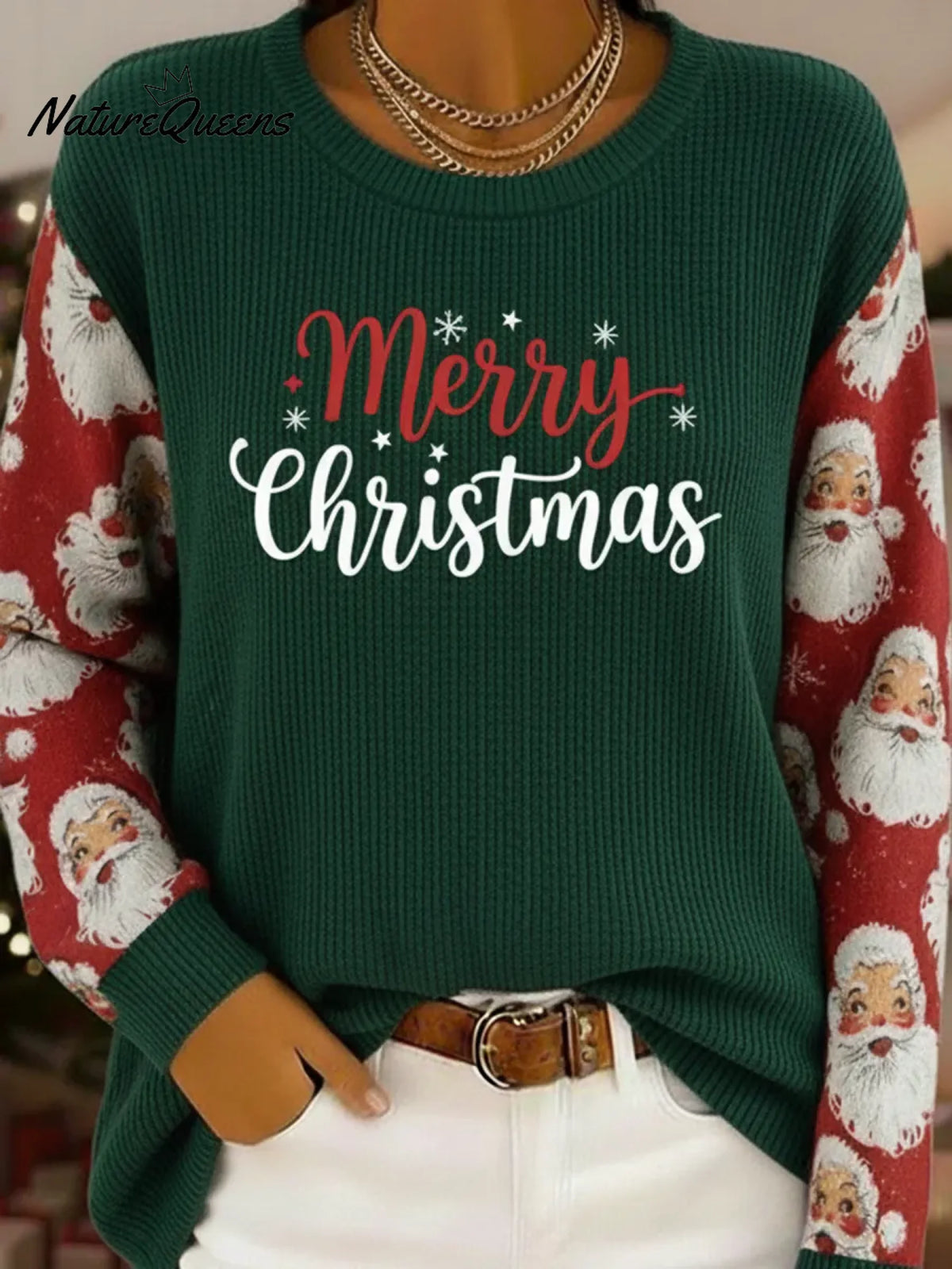 Merry Christmas Color Block Crew Neck Sweatshirt Pullover