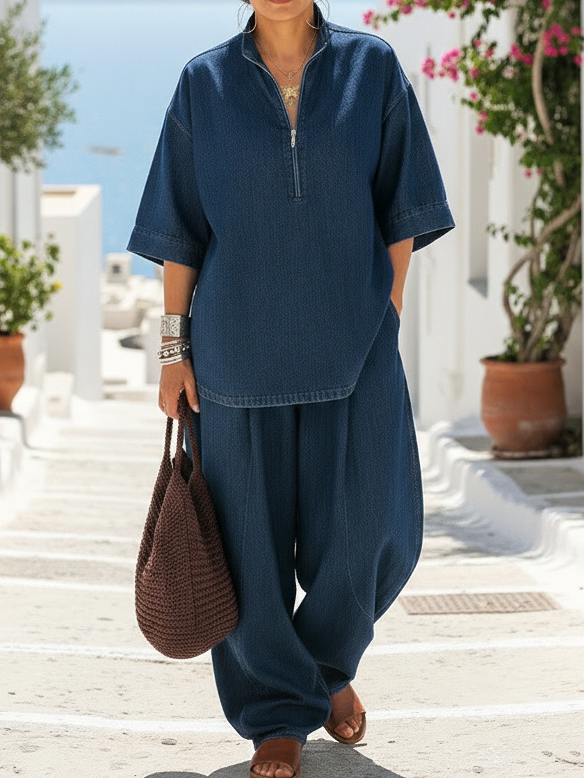 Casual Denim Zip-up Stand-collar Shirt And Wide-leg Pants Two-piece Set