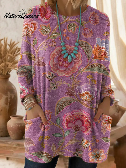 Women's Floral Pattern Art Print Casual Cotton Knitted Sweater