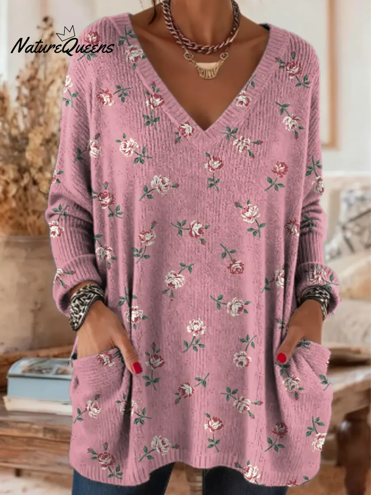 Women's Floral Pattern Art Print Casual Cotton Knitted Sweater