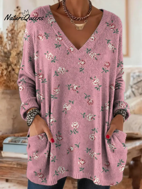 Women's Floral Pattern Art Print Casual Cotton Knitted Sweater