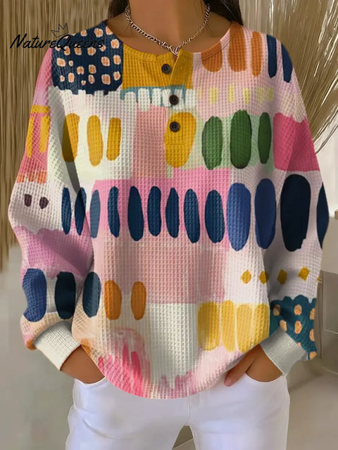 Women's Abstract Pattern Art Print Casual Waffle Sweatshirt