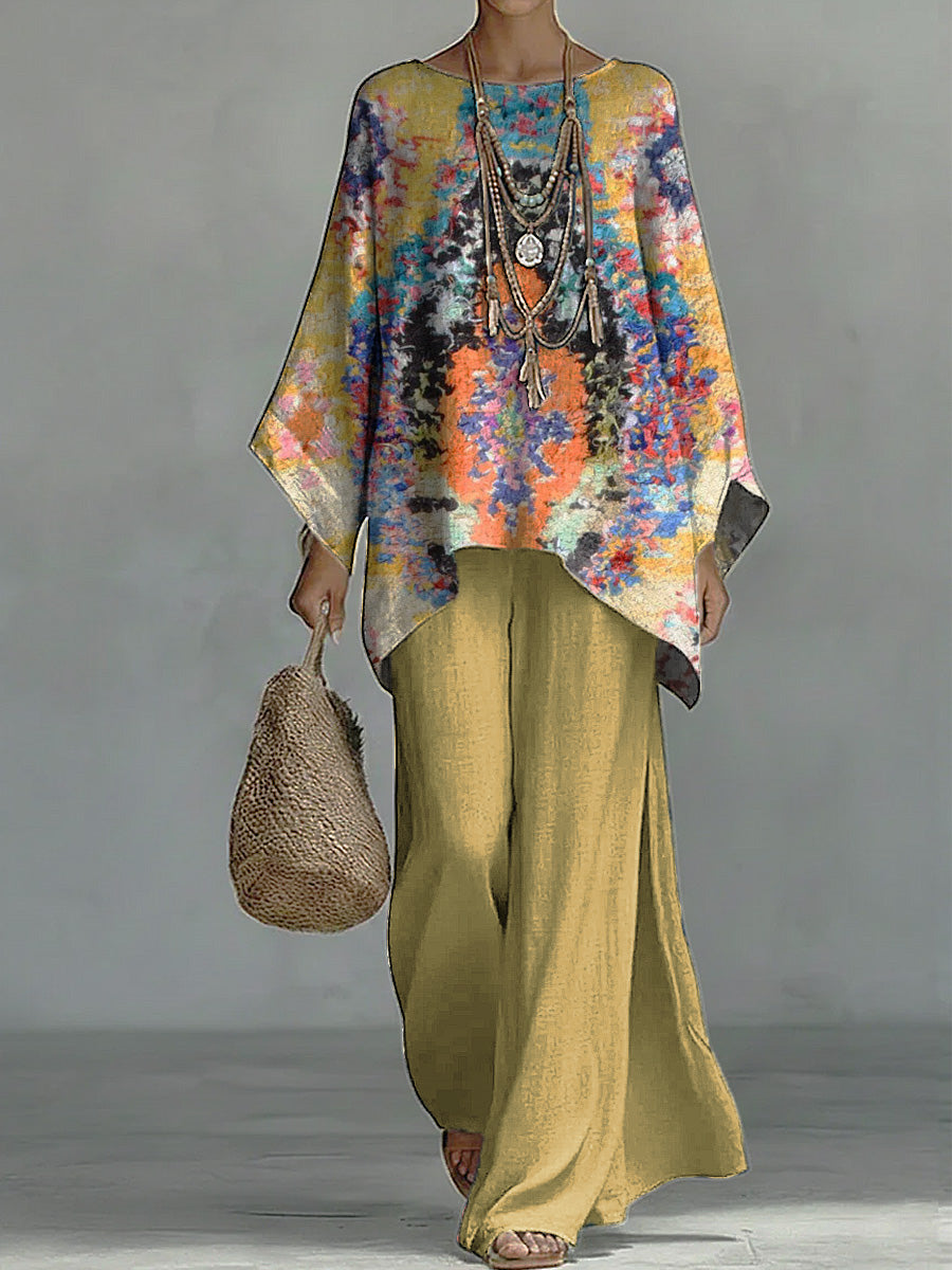 Bohemian-style Abstract Tie-dye Batwing Top & Linen-look Wide-leg Pants Two-piece Set