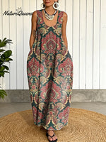 Women's Vintage Flower Pattern Art Print Casual Cotton Denim Dress