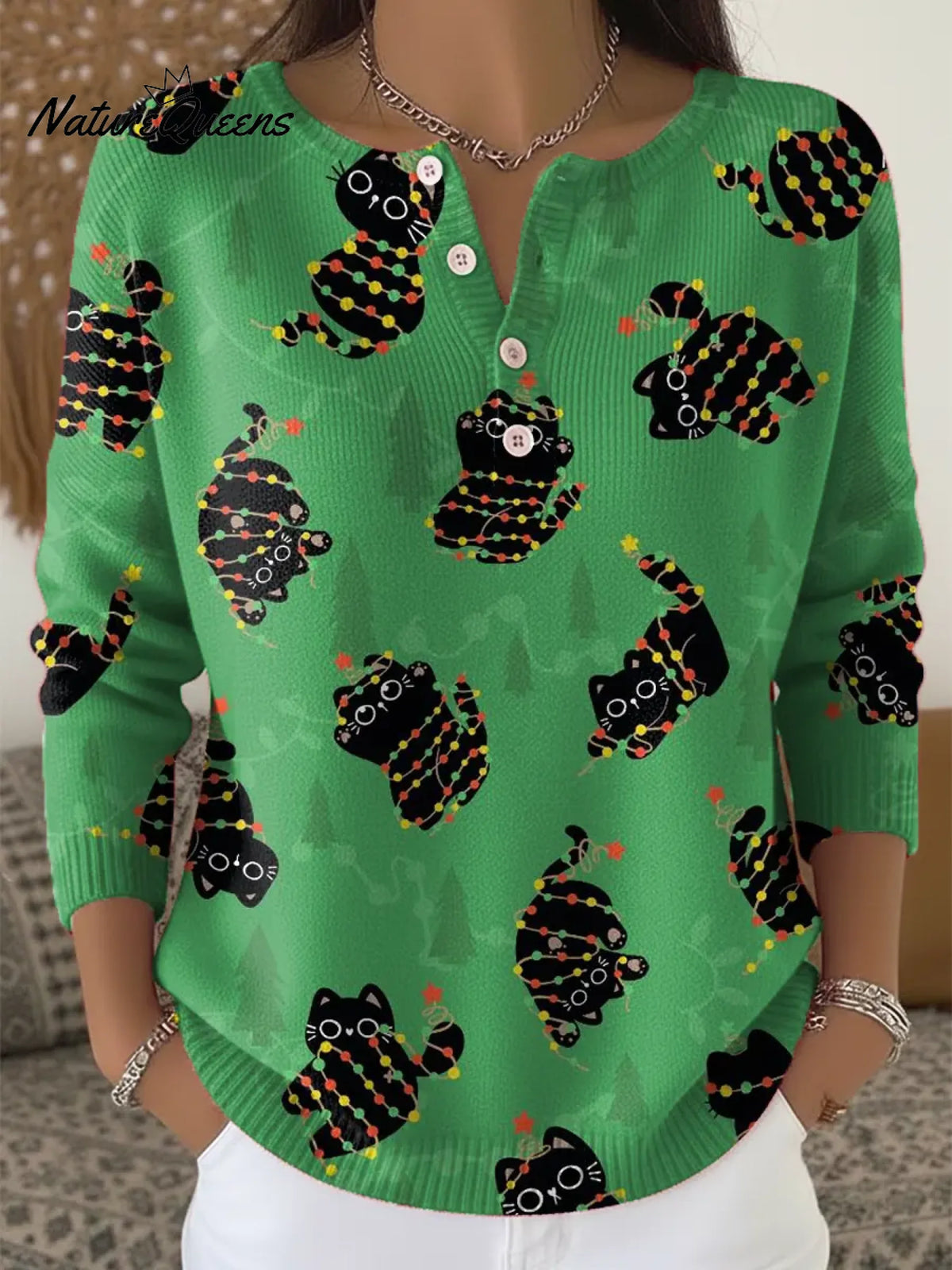 Women's Christmas Cats Pattern Art Print Casual Cardigan Sweater