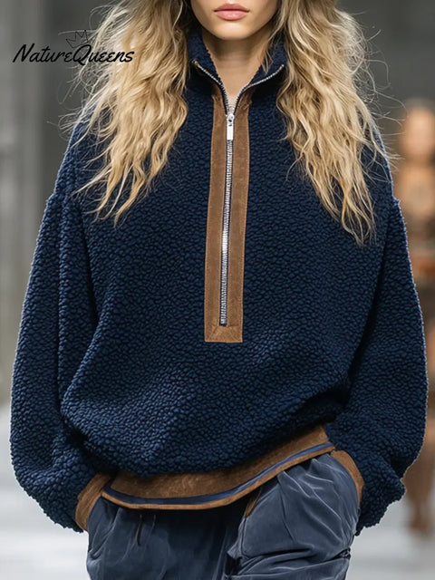 Women's Solid Color Stand Collar Long-sleeved Fleece Loose Top