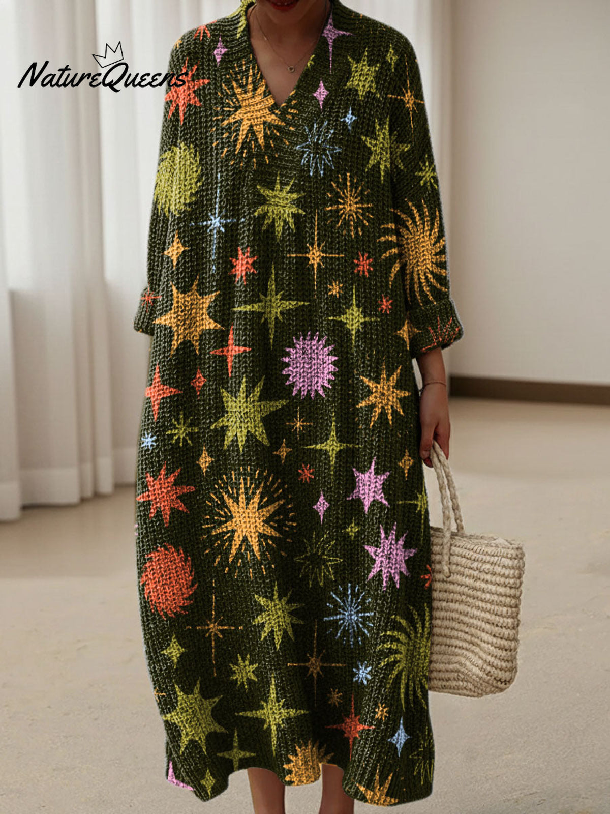 Visually Stunning Star-shaped Decorative Patterns Women's Casual V-Collar Long Sleeve Dress