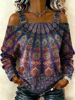 Women‘s Vintage Ethnic Pattern Print Casual Cotton Denim Shirt