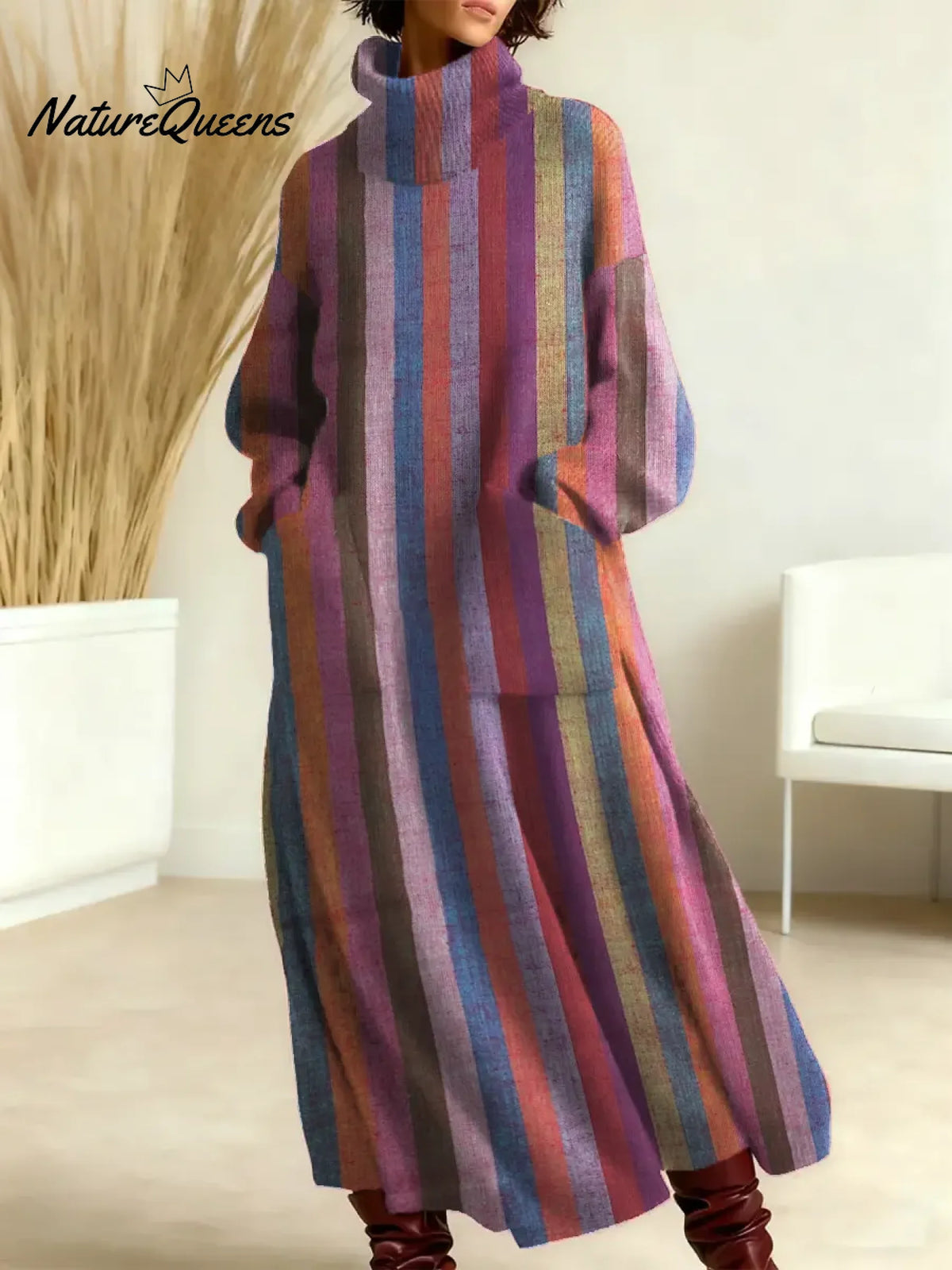 Women's Vintage Stripe Art Print Casual Cotton Knitted Dress