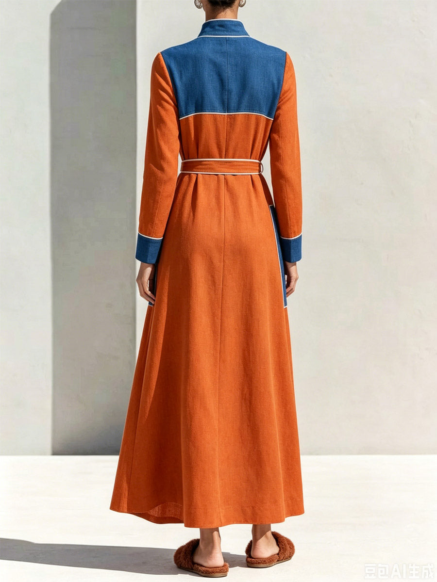 Women's Color Block Elegant Art Casual Long Sleeve Cotton Linen Dress