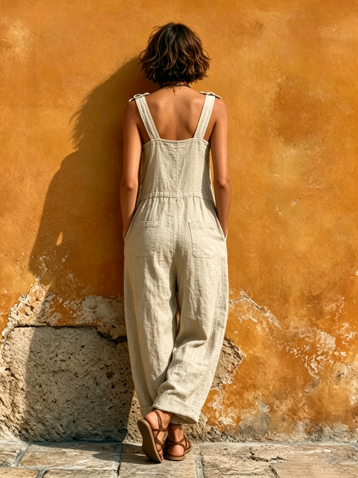 Cotton-linen Bohemian Embroidered Drawstring Jumpsuit