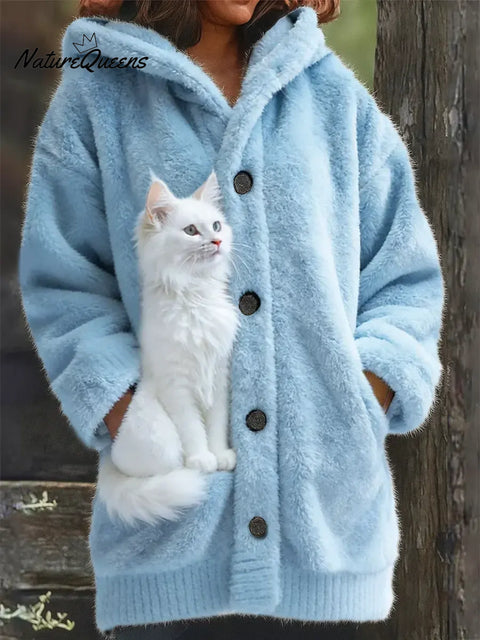 Women's Funny Cat Pattern Art Print Casual Fleece Coat