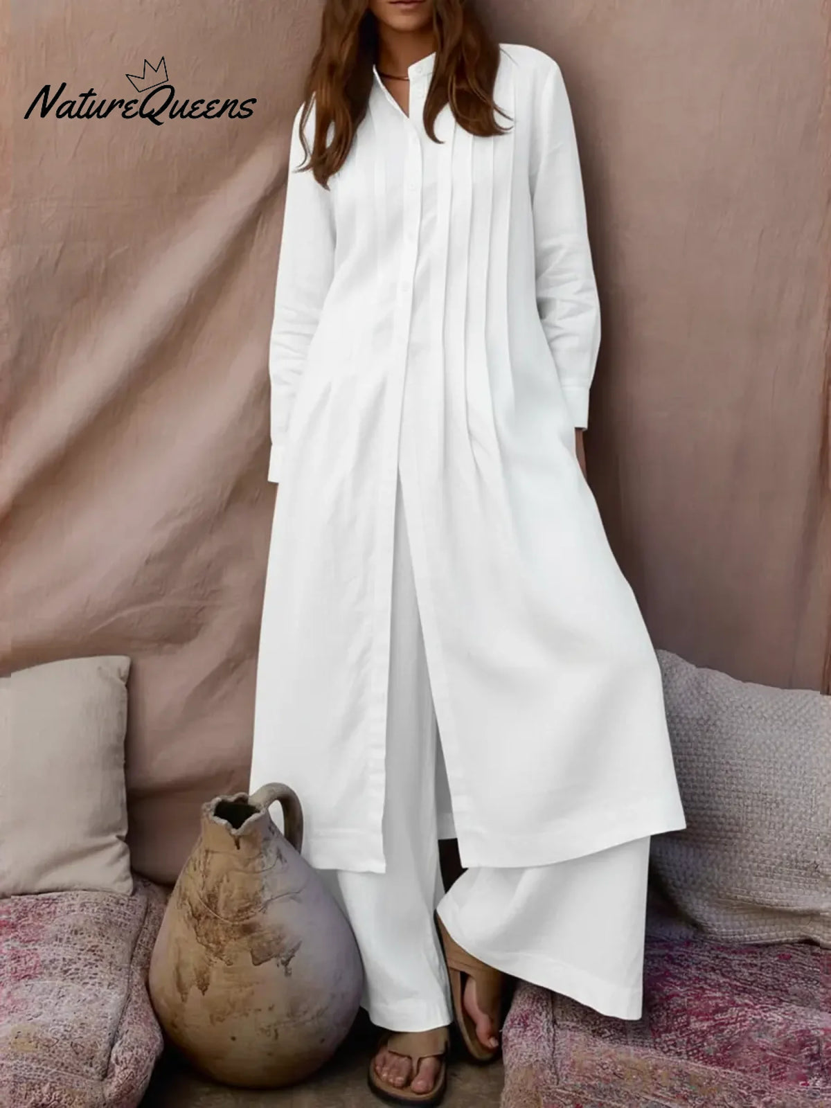 Women's Comfortable Linen And Cotton Extra-long Shirt And Pants Two-piece Set