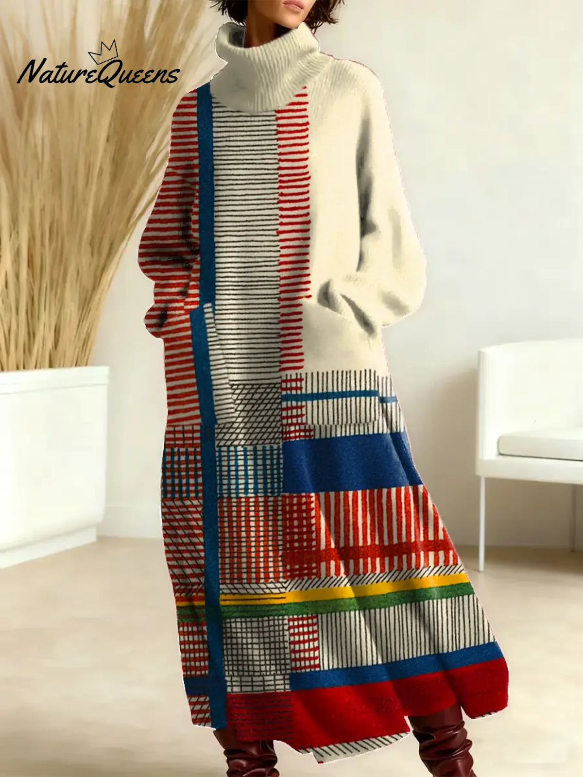 Women's Geometric Pattern Art Print Casual Cotton Knitted Dress