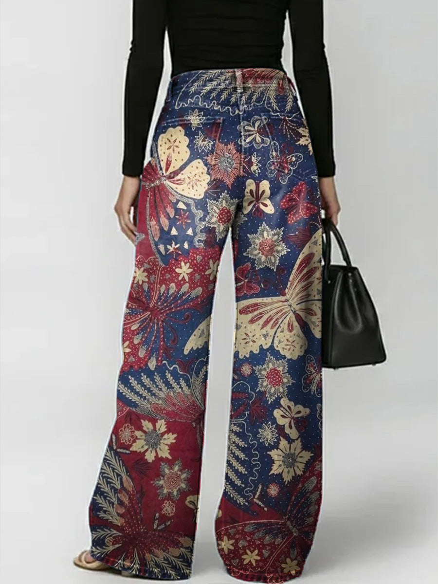 Women's Floral Butterfly Pattern Art Print Casual Stylish Denim Pants