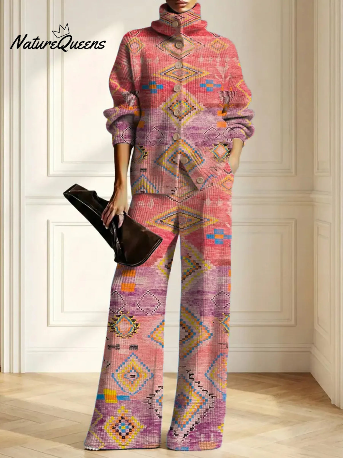 Women's Vintage Pattern Art Print Casual Cotton Knitted Suits