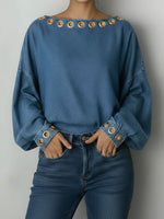 Women's Round Neck Metal Eyelet Cutout Design Casual Loose Long-sleeved Denim Top.