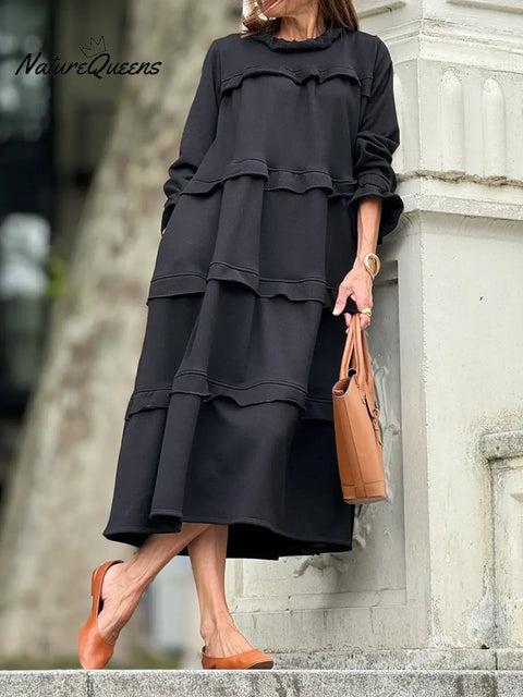 Women's Solid Color Round Neck Long Sleeve A-line Dress With Ruffles