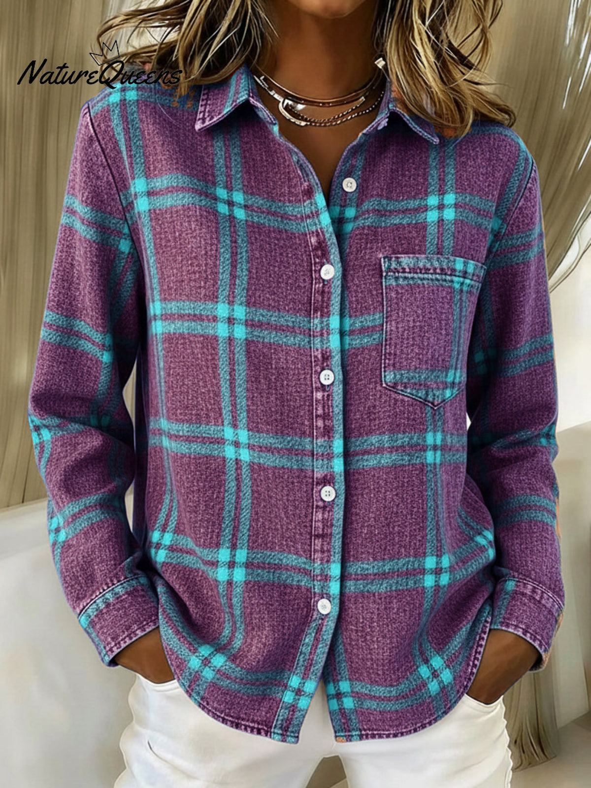 Casual And Cozy Checkered Print Denim Button-up Shirt