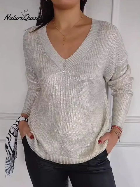 Women's Solid Color V-Neck Long Sleeve Casual Loose Knit Top