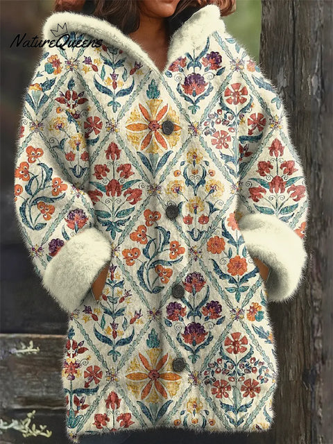 Women's Floral Pattern Art Print Casual Fleece Coat