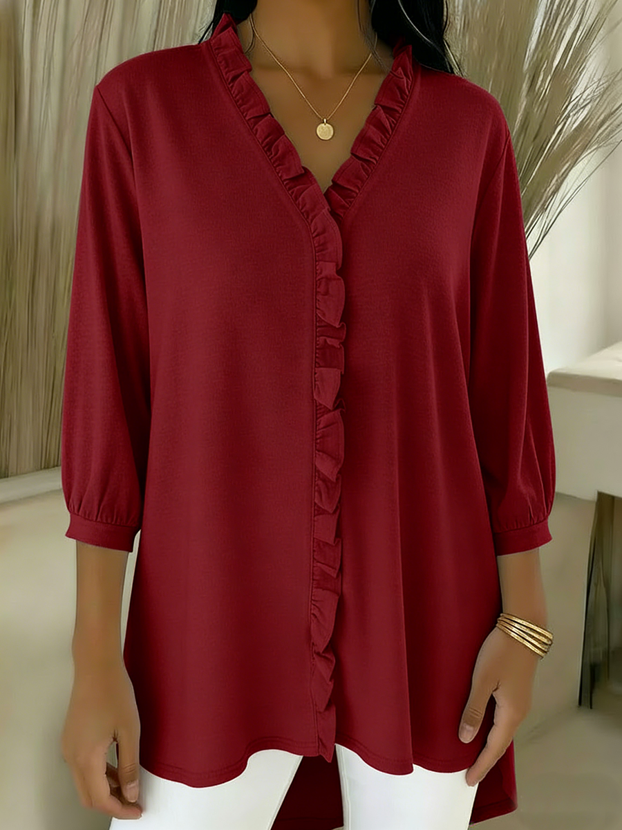 Casual Ruffled V-neck Cotton Top