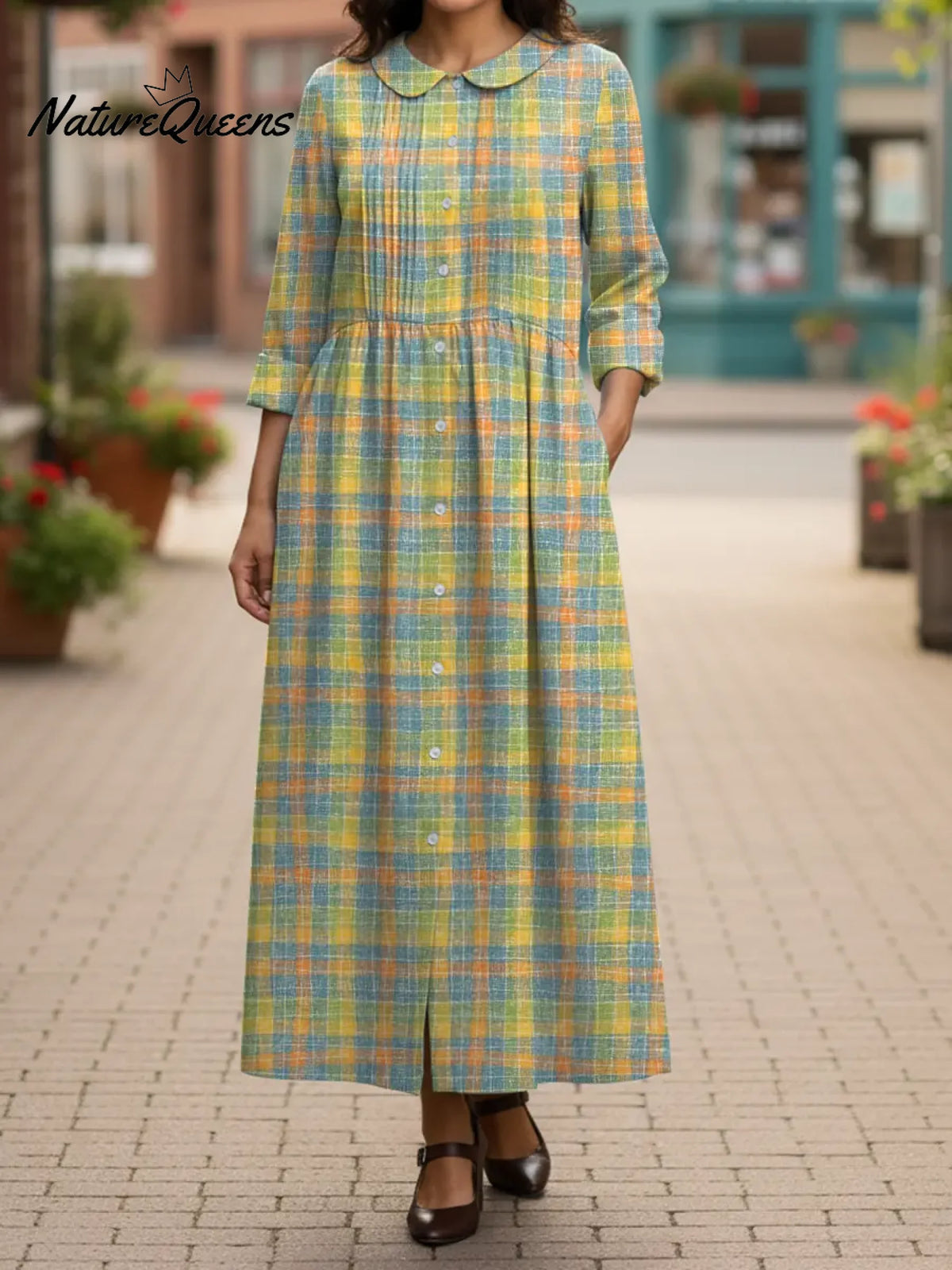 Women's Retro Stripes Long-sleeved Cotton And Linen Dress