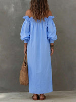 Vestido largo elegante y romántico para mujer, con hombros descubiertos, volantes y botones.