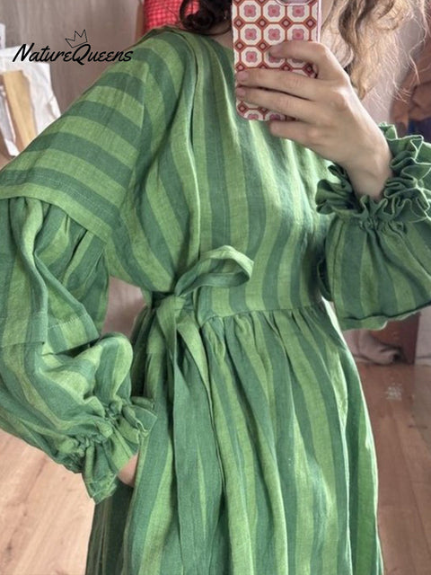Women's Cotton And Linen Plaid Lantern Sleeve Dress