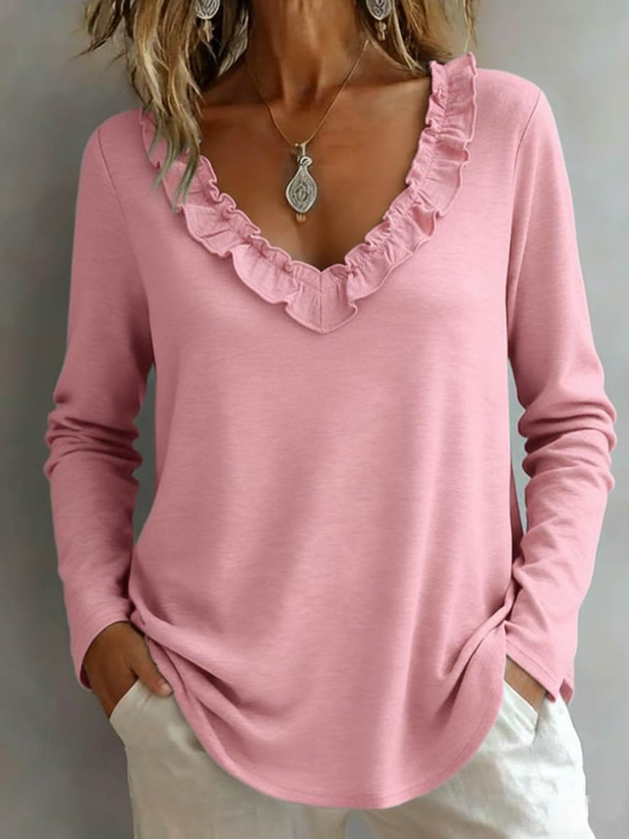 Cozy Ruffled V-neck Cotton Top