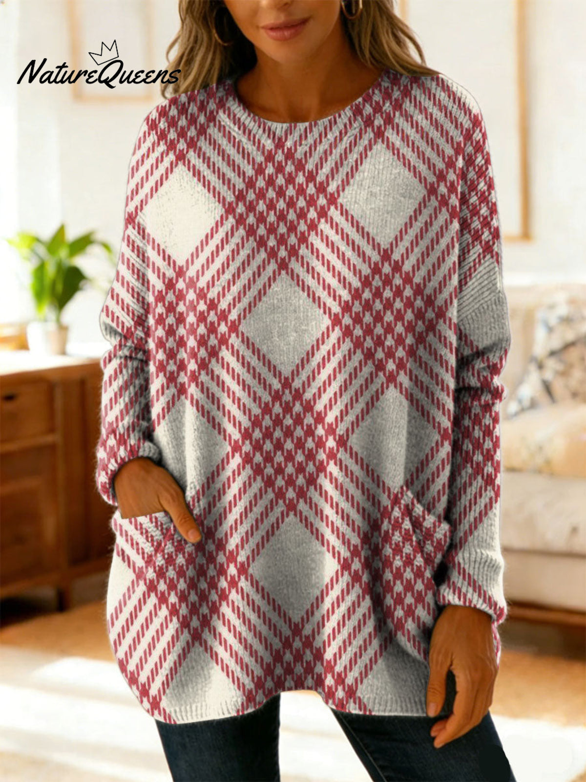 Women's Classic Diagonal Plaid Pattern Casual V Collar Long Sleeve Sweater