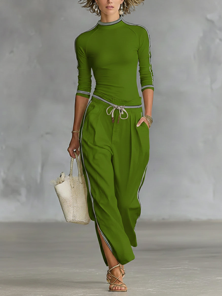 Cozy Stretch Knit Top And Linen And Cotton Trousers Two-piece Set