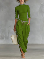 Cozy Stretch Knit Top And Linen And Cotton Trousers Two-piece Set