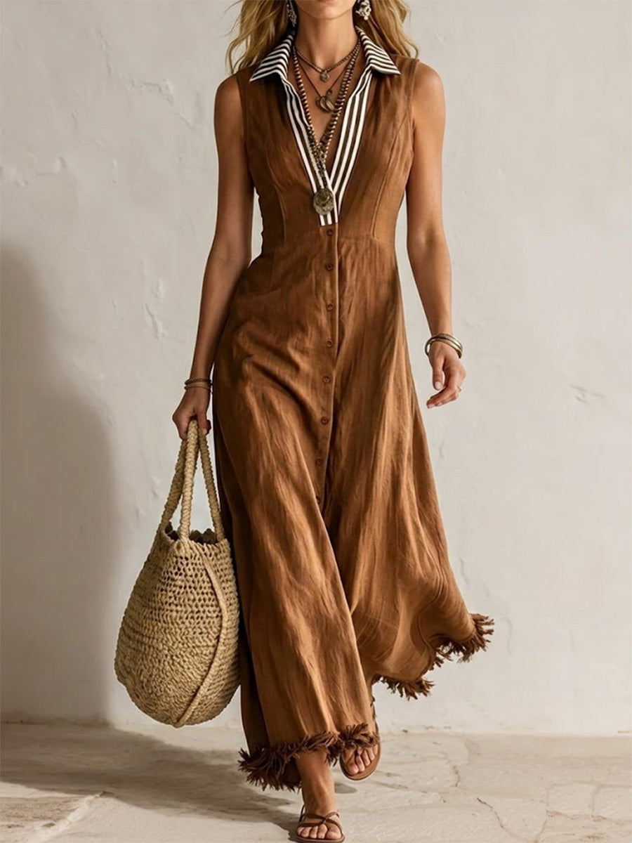 Button-front Striped Collared Raw Hem Waisted Sleeveless Dress