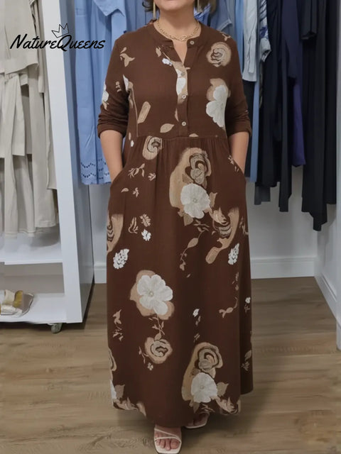 Women's floral print long-sleeved cotton and linen dress