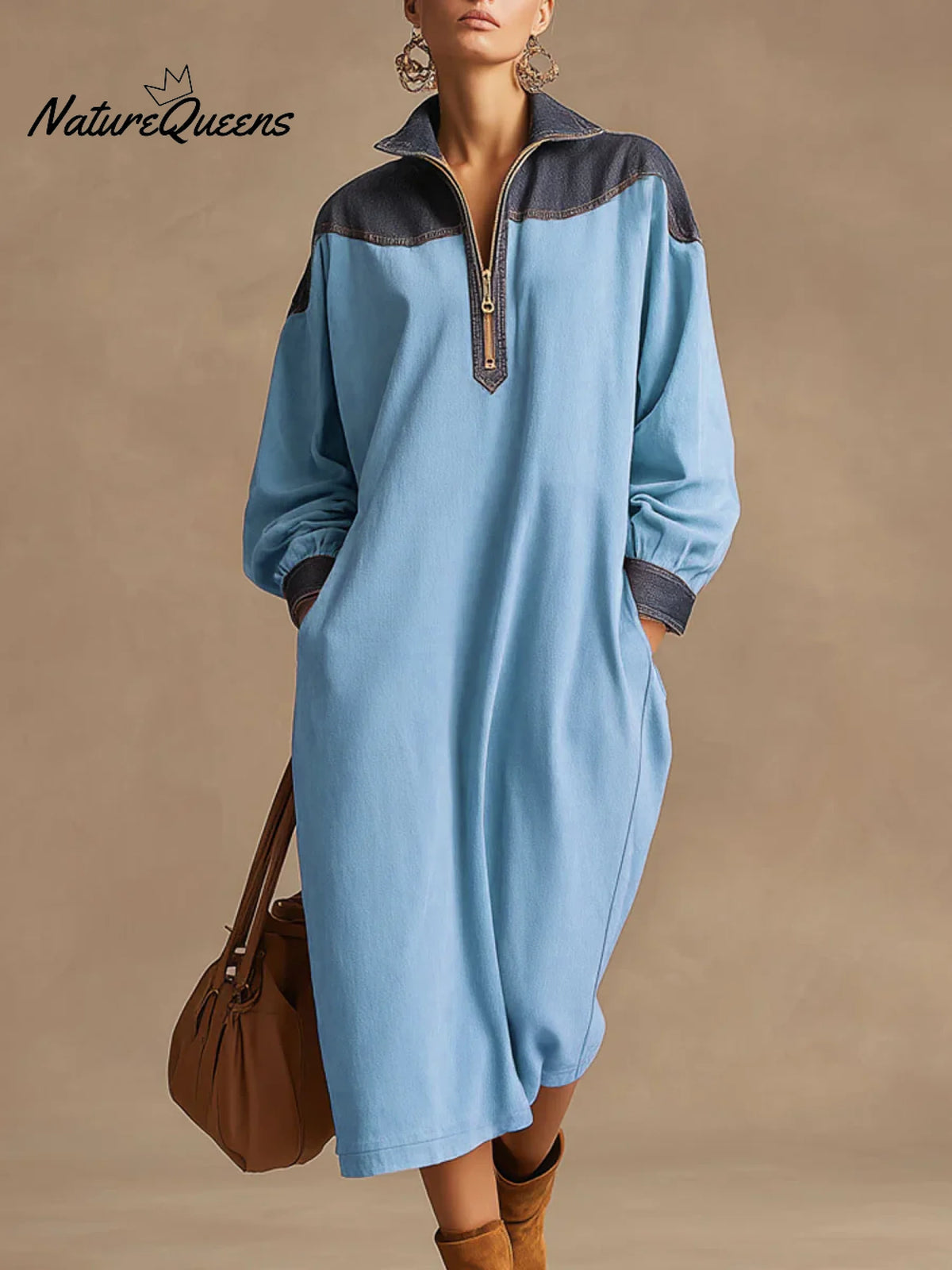 Women's Color-blocked Stand Collar Long Sleeve Casual Loose Cotton Dress