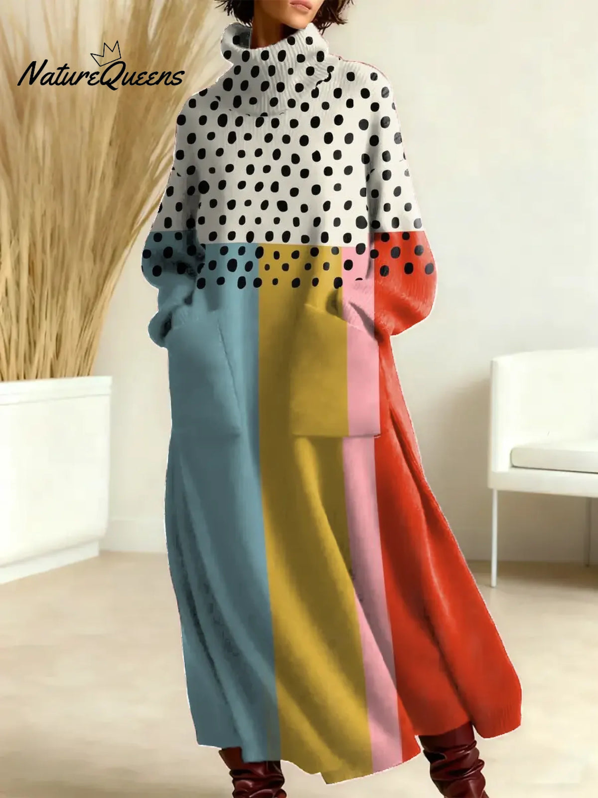 Women's Vintage Geometry Pattern Art Print Casual Cotton Knitted Dress