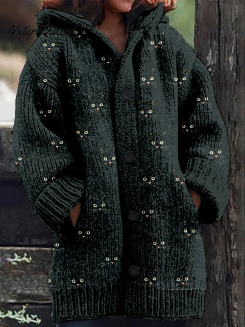 Women's Funny Cats Pattern Art Print Casual Fleece Coat