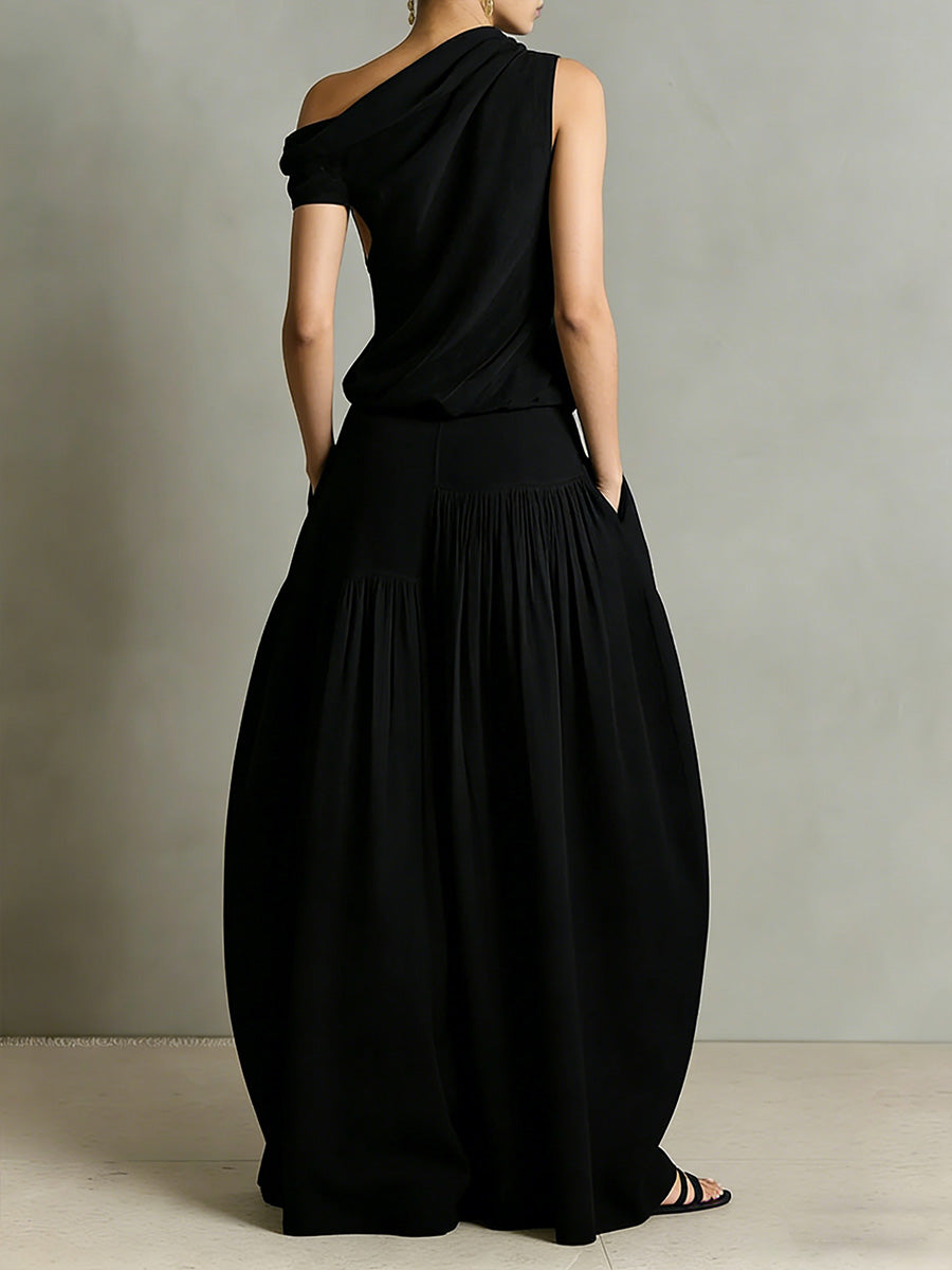 Women's Round Neck Sleeveless Casual Loose Top And High-waisted Casual Loose Wide-leg Pants Cotton And Linen Set